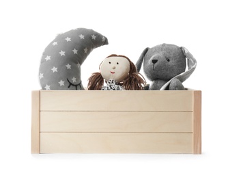 Box with stuffed toys on white background