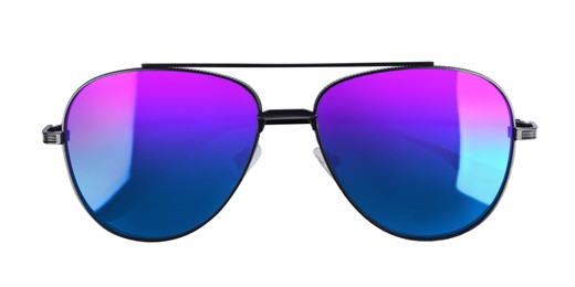 Image of New stylish aviator sunglasses with color lenses on white background, top view