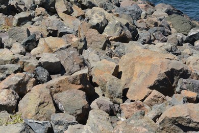 Photo of Rocky beach on sunny day, closeup view