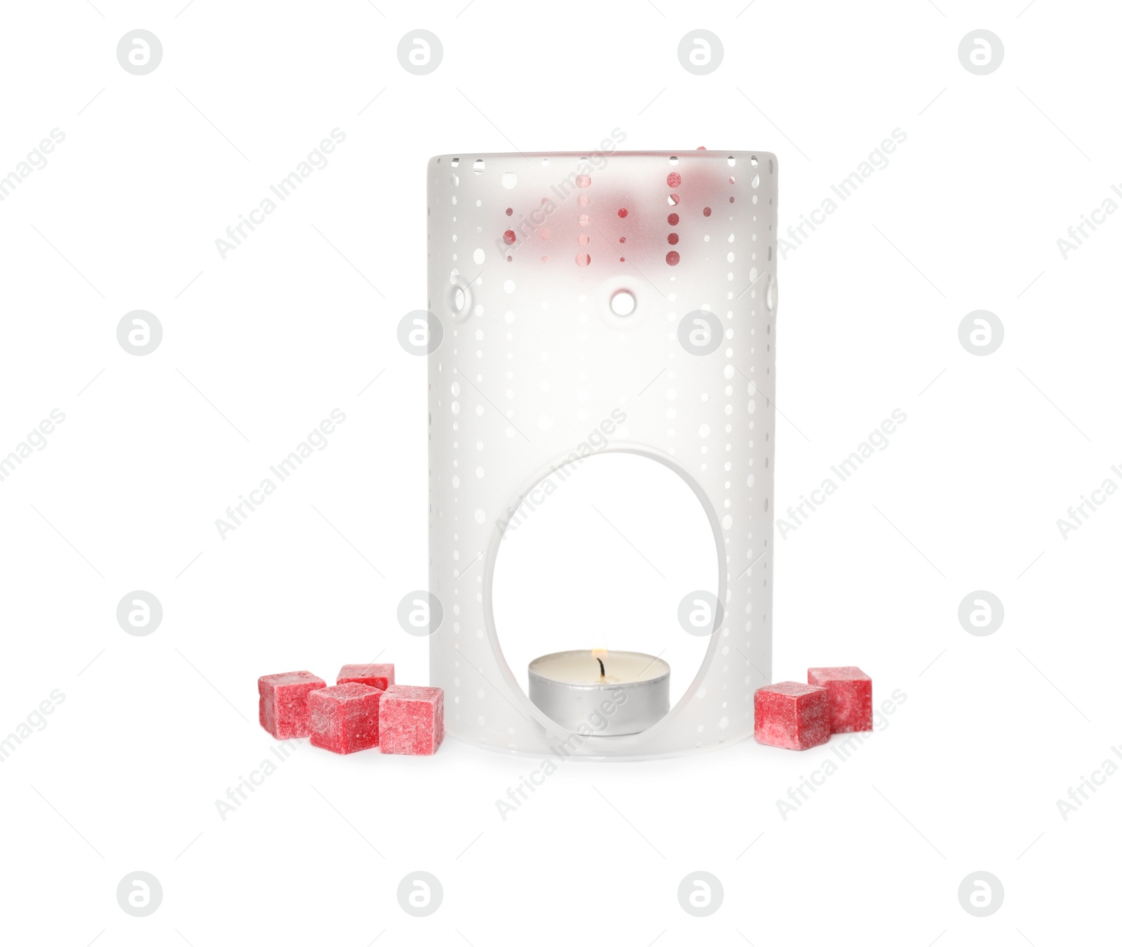 Photo of Stylish aroma lamp with essential wax cubes on white background