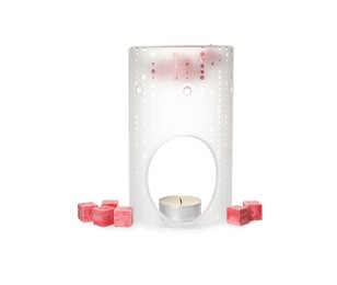 Photo of Stylish aroma lamp with essential wax cubes on white background