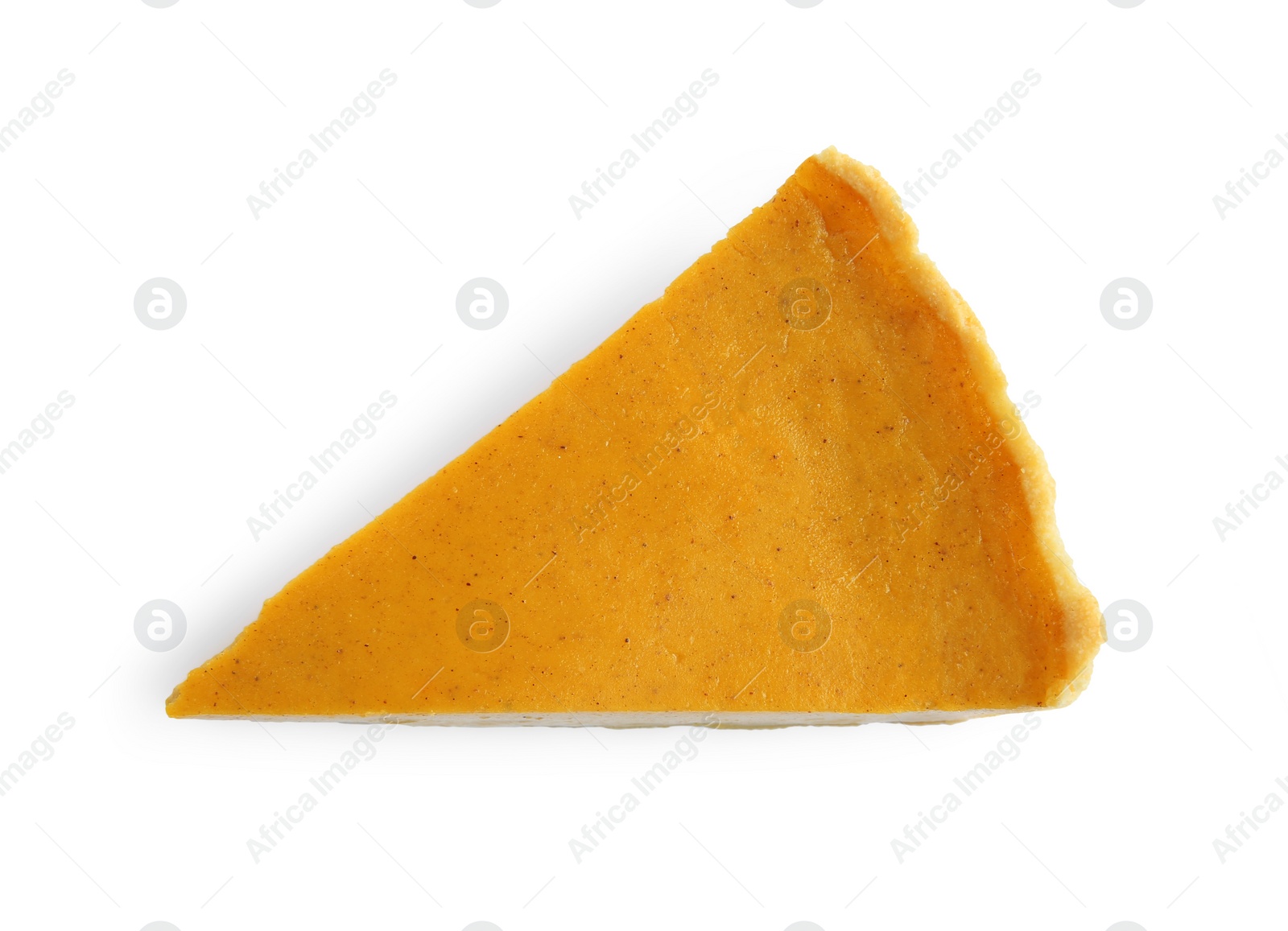 Photo of Piece of delicious pumpkin pie isolated on white, top view