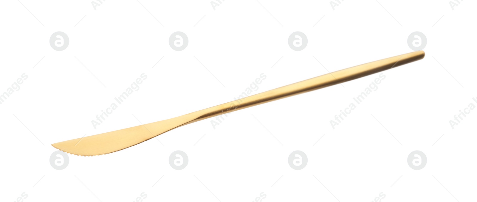 Photo of One golden knife isolated on white. Piece of cutlery