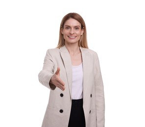 Photo of Portrait of beautiful happy businesswoman giving handshake on white background