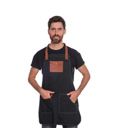 Professional hairdresser wearing apron on white background