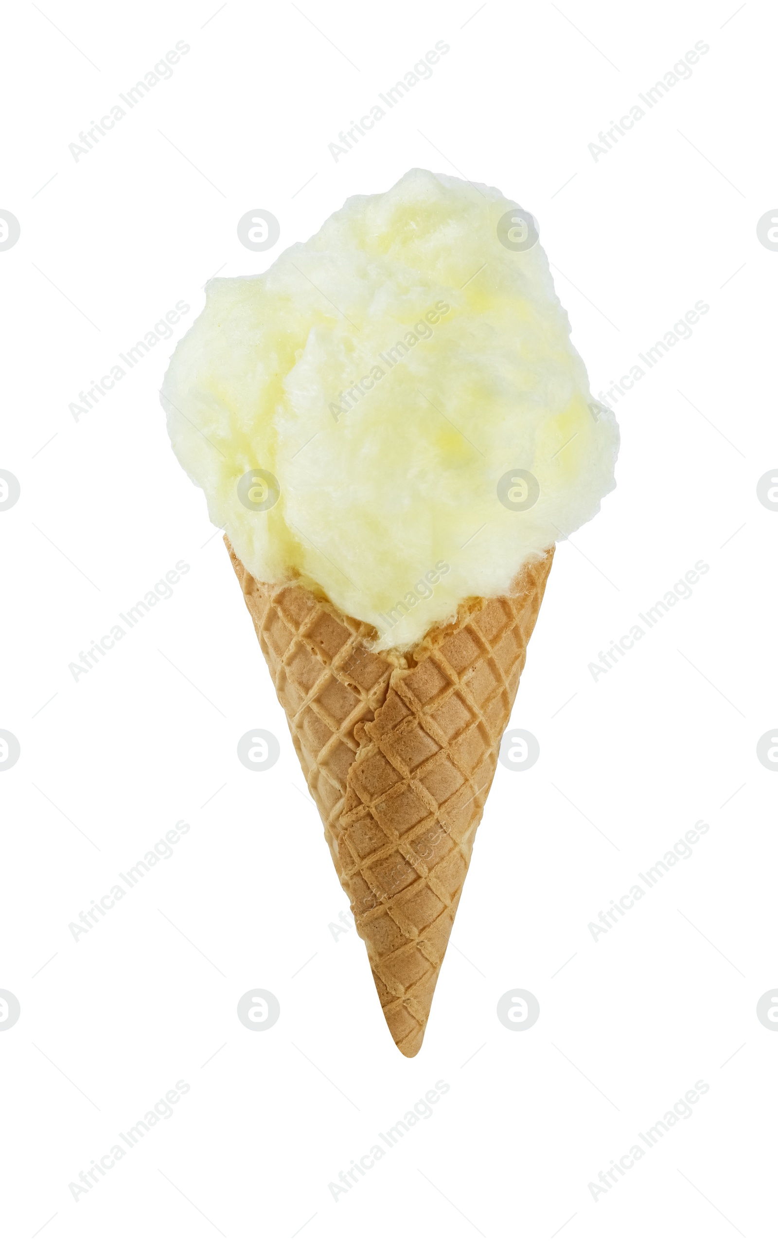 Photo of Sweet cotton candy in waffle cone isolated on white