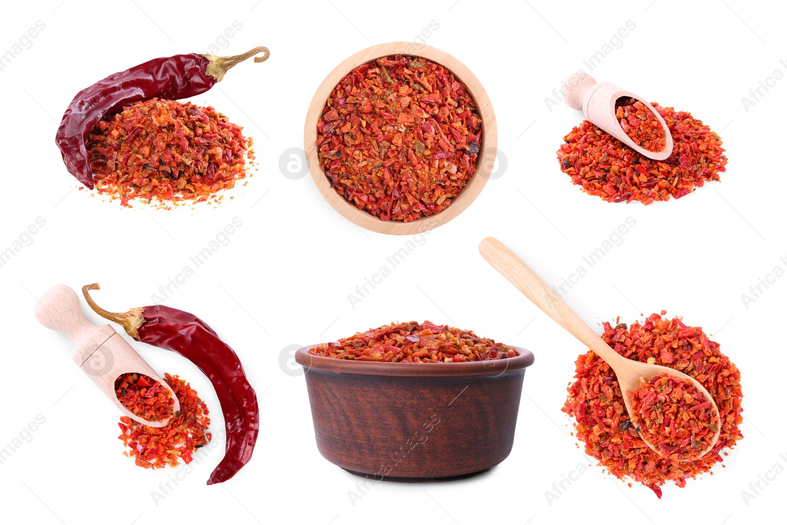 Image of Aromatic spices. Red chili pepper flakes and whole dried peppers on white background, set