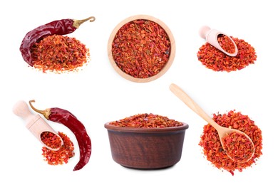 Image of Aromatic spices. Red chili pepper flakes and whole dried peppers on white background, set