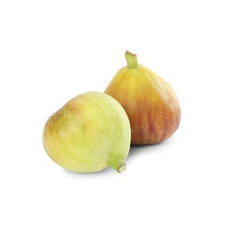 Photo of Whole tasty green figs on white background