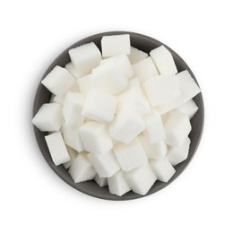 Photo of Bowl with cubes of refined sugar isolated on white, top view