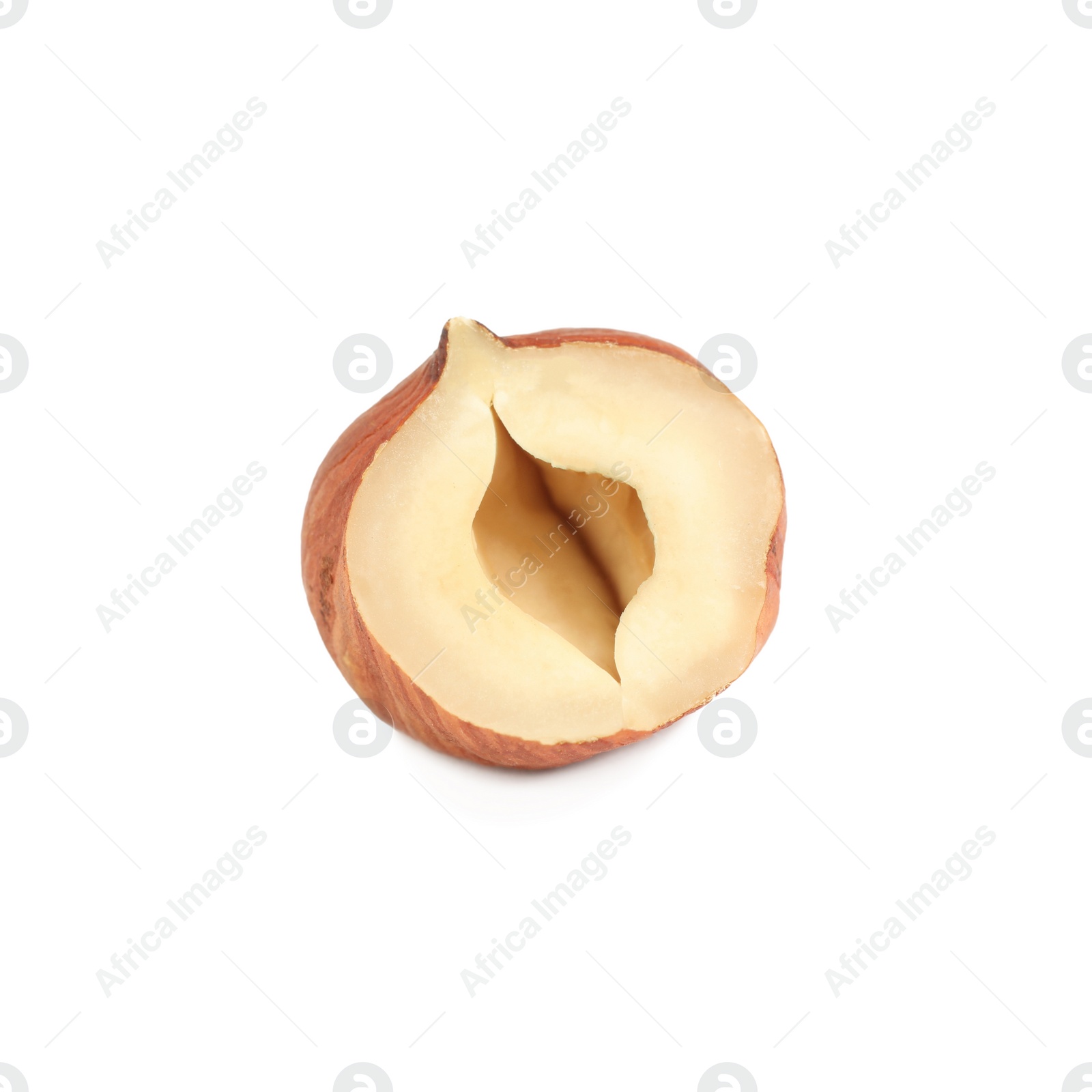 Photo of Half of tasty organic hazelnut on white background