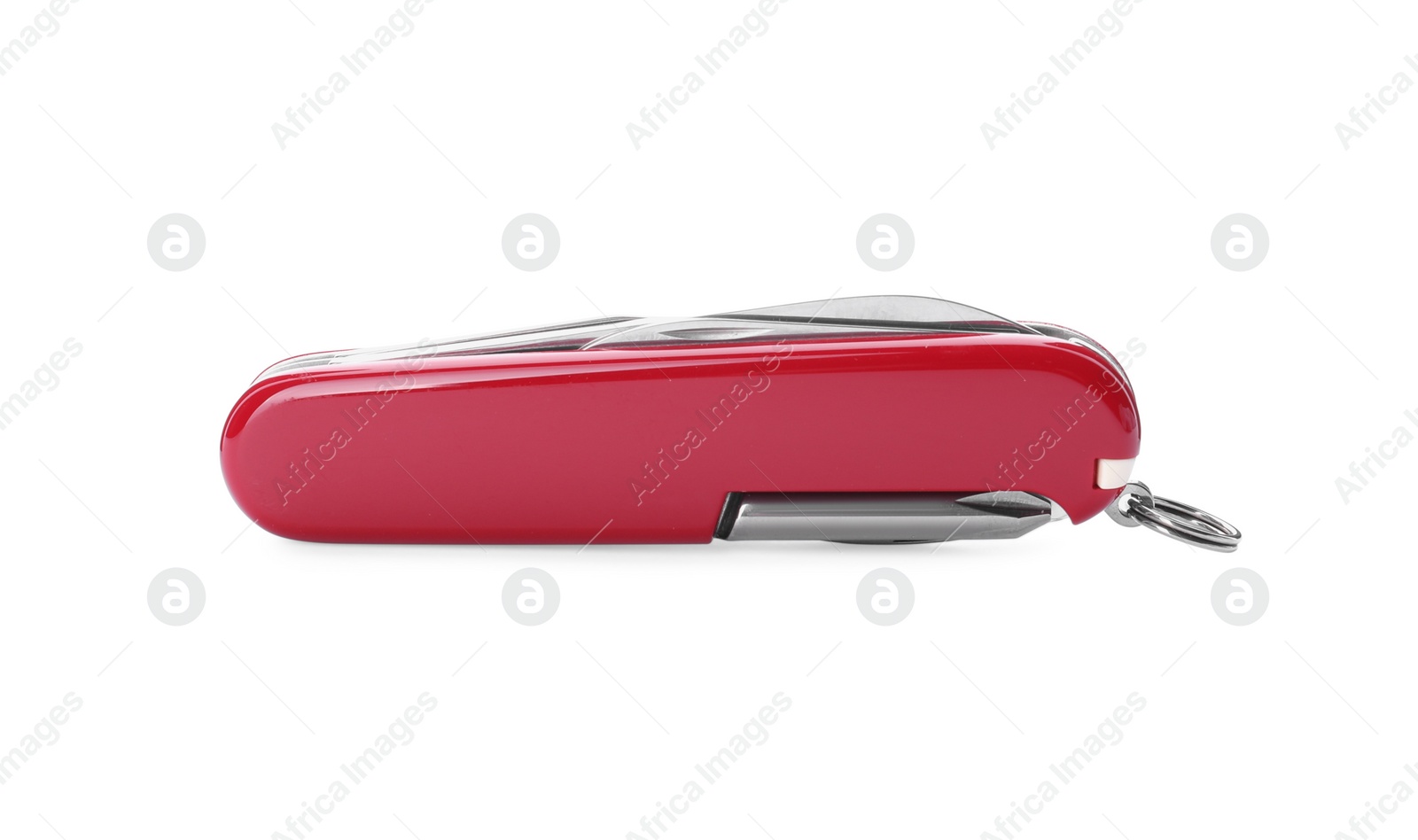 Photo of Compact portable multitool with red handle isolated on white