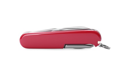 Photo of Compact portable multitool with red handle isolated on white