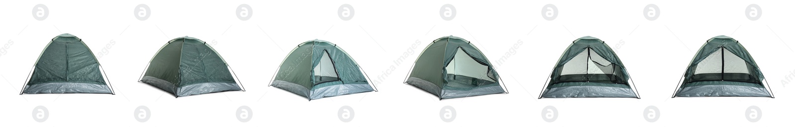 Image of Dark green camping tents on white background, collage. Banner design