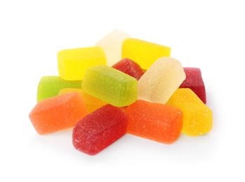 Pile of assorted jelly candies on white background