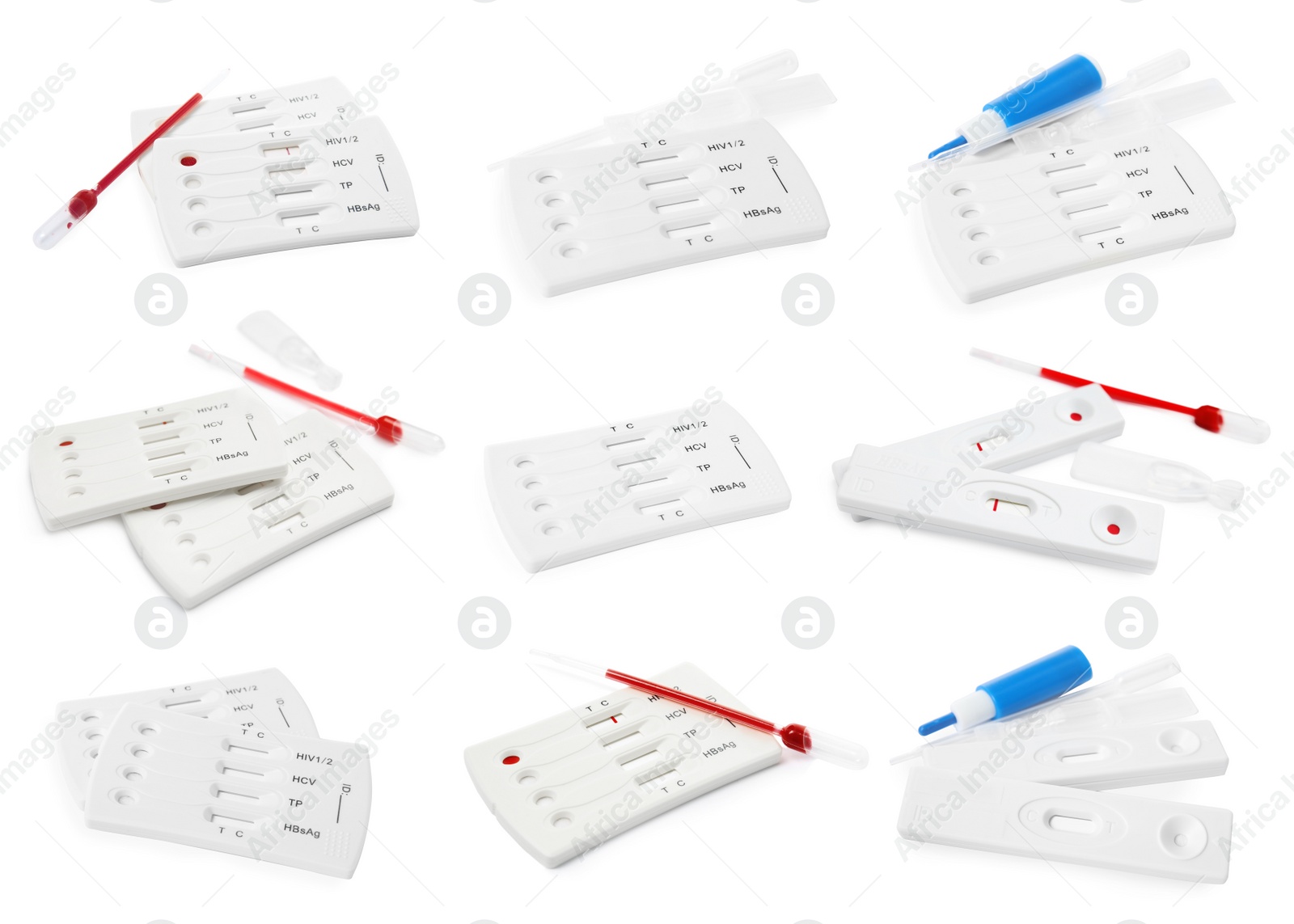 Image of Set with disposable express test kits for hepatitis on white background