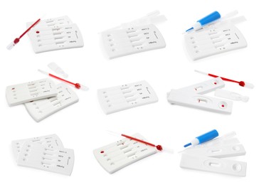 Image of Set with disposable express test kits for hepatitis on white background