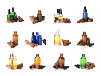 Image of Set with bottles of essential oils and cinnamon sticks on white background