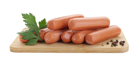 Photo of Fresh raw sausages, parsley and spices isolated on white. Meat product