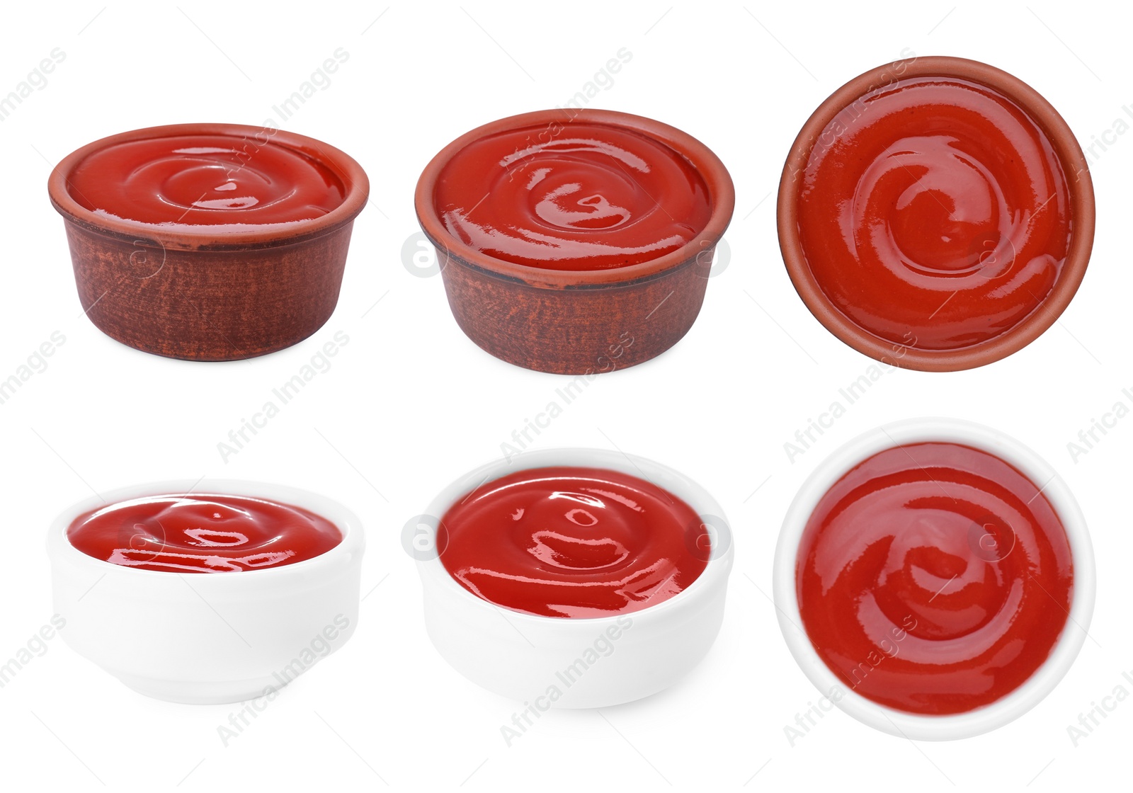 Image of Set of tasty ketchup in different bowls on white background, different views