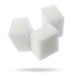 Image of Flying cubes of sugar on white background