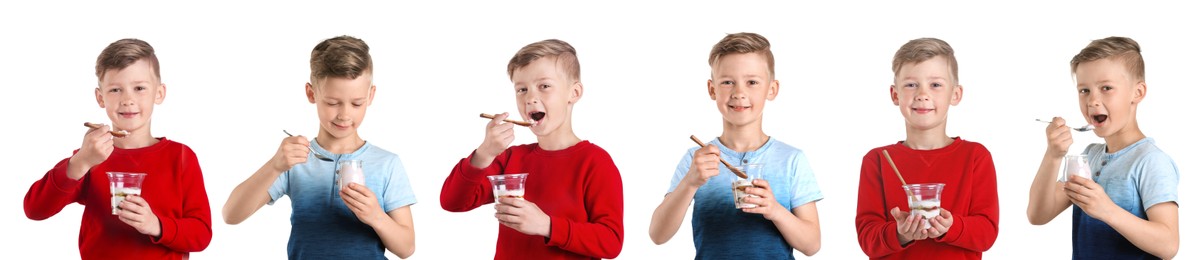 Image of Collage with photos of cute little boy with tasty yogurt on white background. Banner design