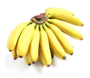 Photo of Bunch of ripe baby bananas on white background