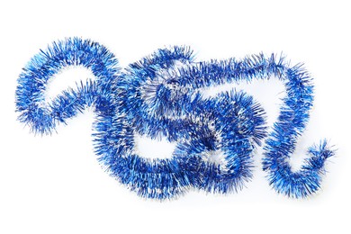 Photo of Shiny blue tinsel isolated on white, top view