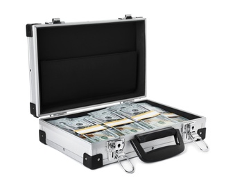 Photo of Open suitcase full of money on white background