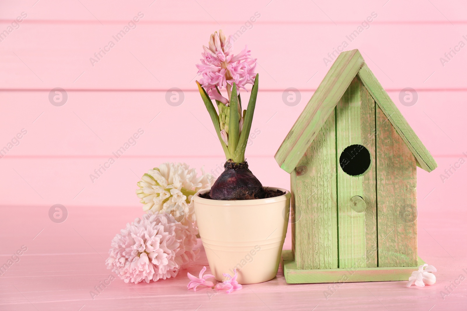 Photo of Stylish bird house and fresh hyacinths on pink wooden table