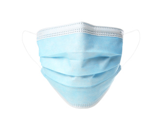 Photo of Disposable face mask isolated on white. Protective measures during coronavirus quarantine