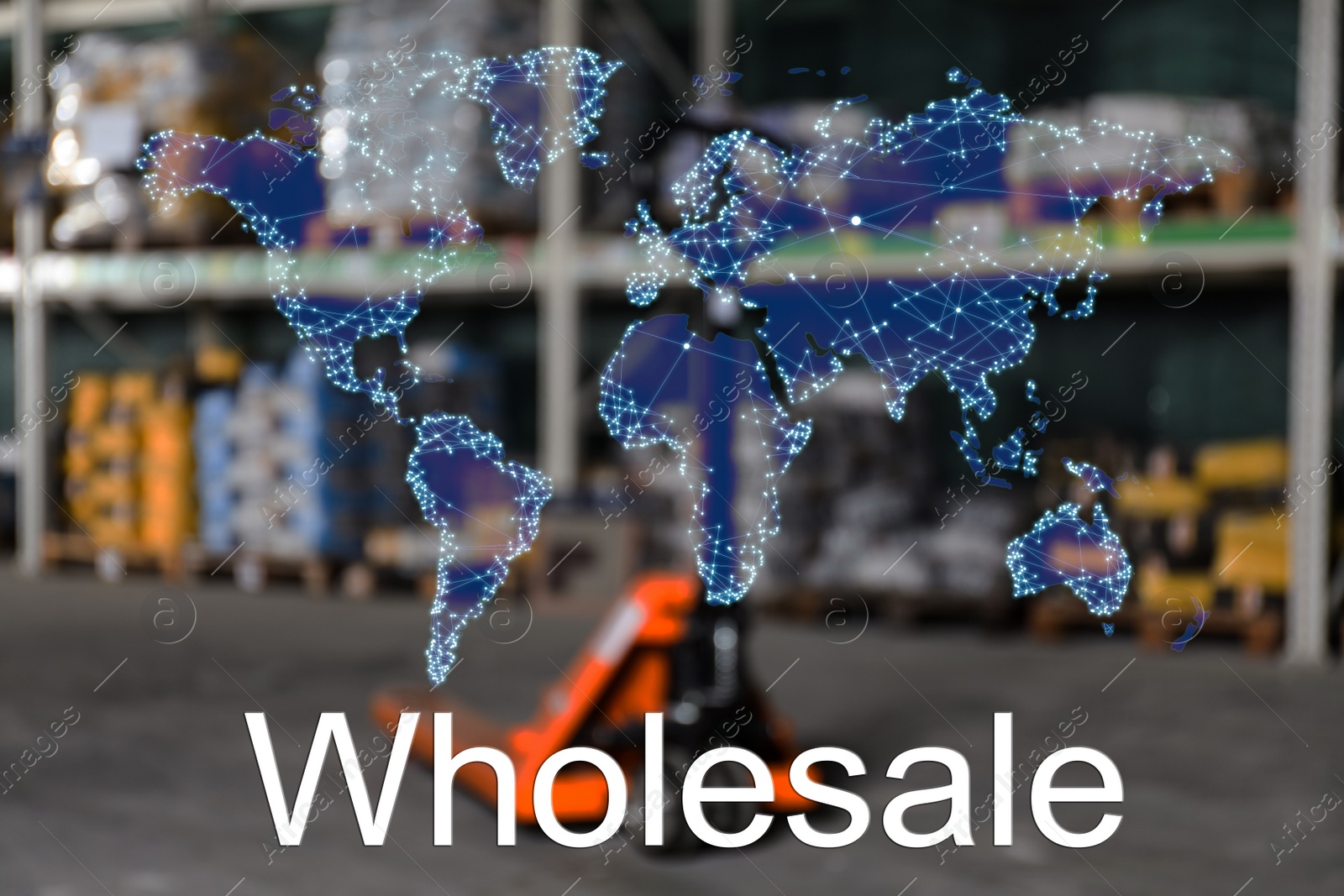 Image of Wholesale business. World map and blurred view of warehouse on background