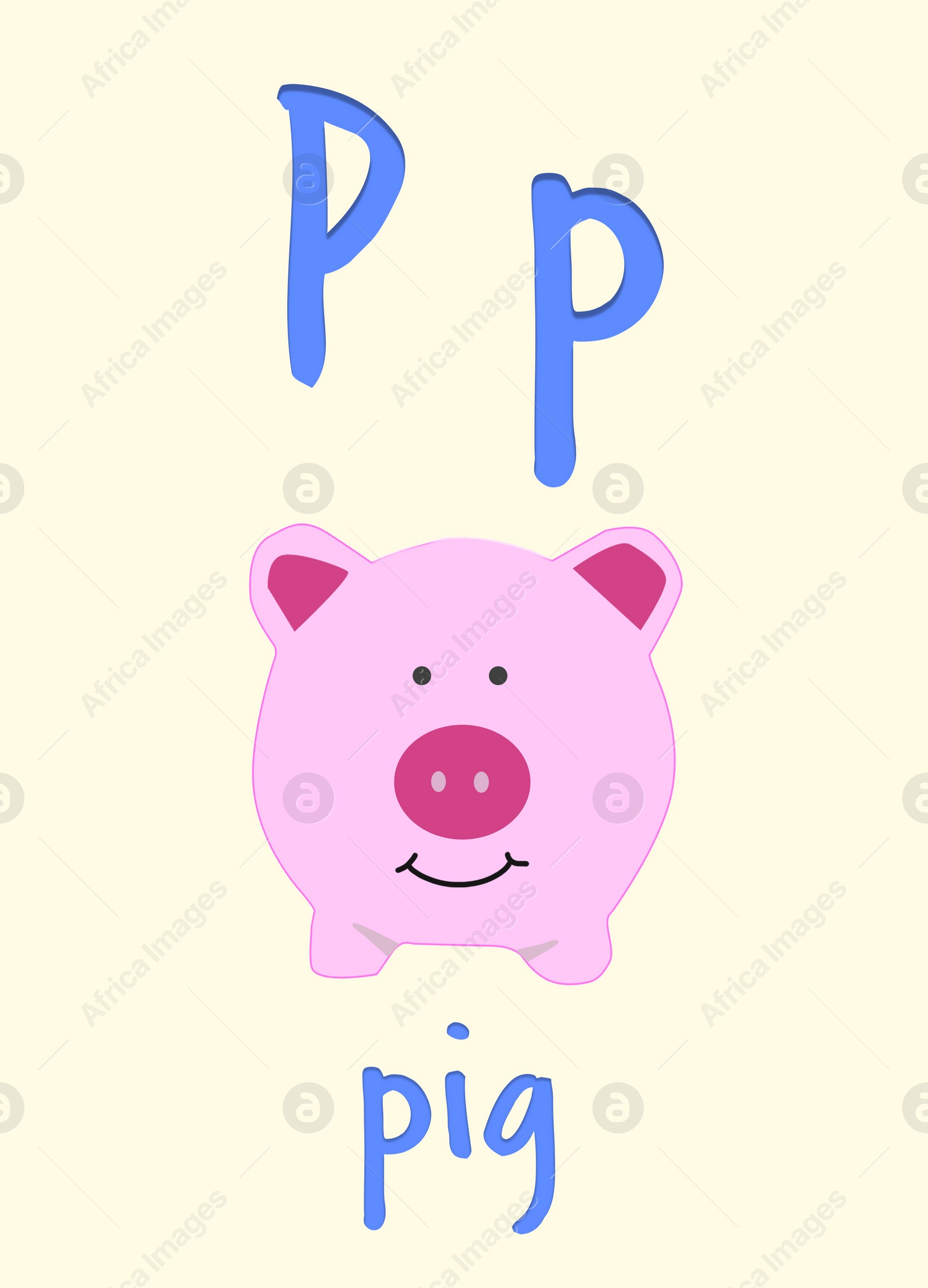 Illustration of Learning English alphabet. Card with letter P and pig, illustration
