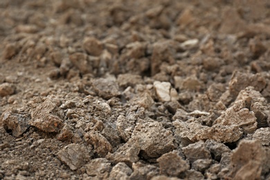 Photo of Textured ground surface as background, closeup. Fertile soil for farming and gardening