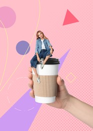 Image of Coffee to go, stylish artwork. Woman holding takeaway paper cup with girl on color background, closeup
