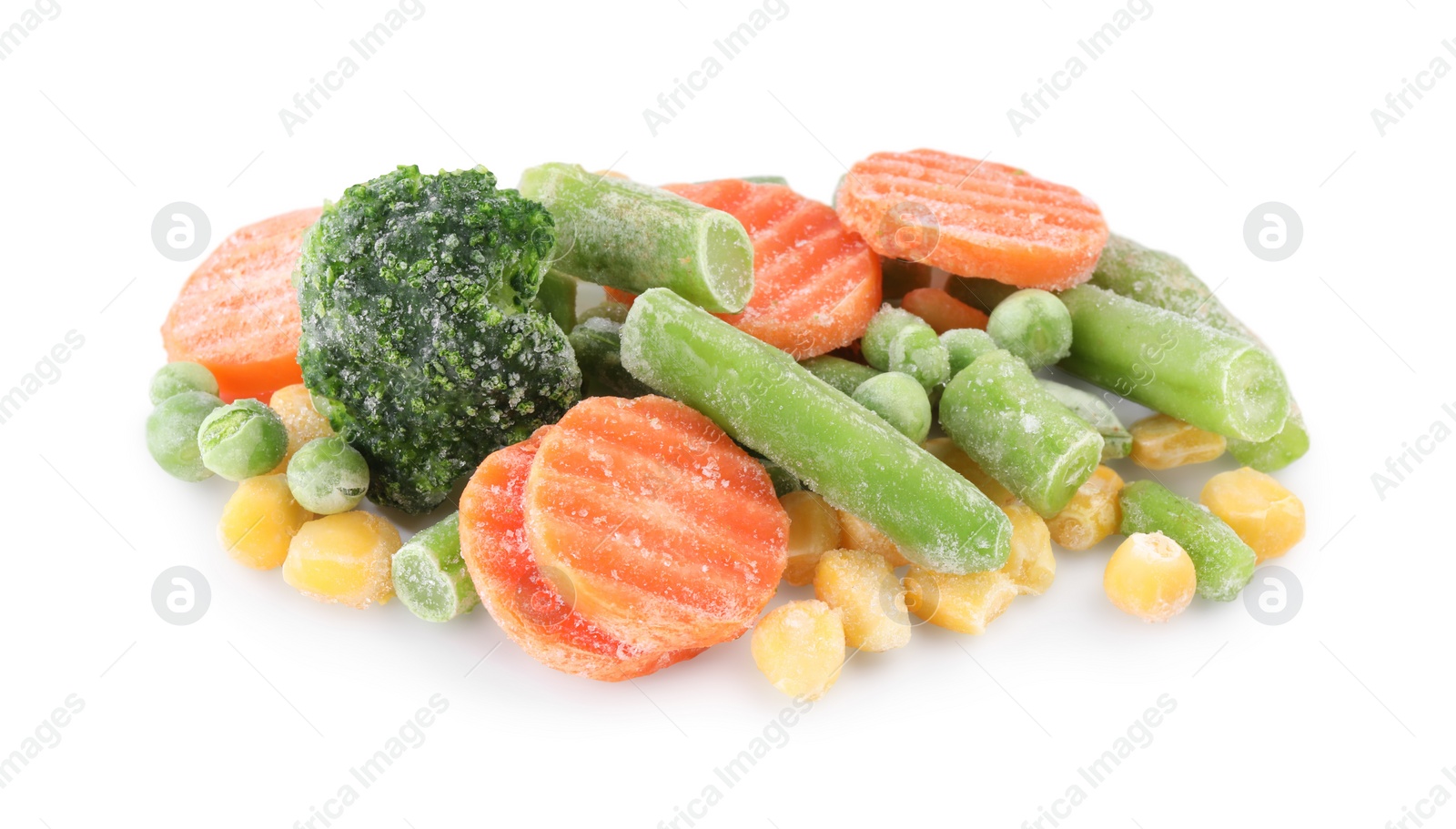 Photo of Mix of different frozen vegetables isolated on white