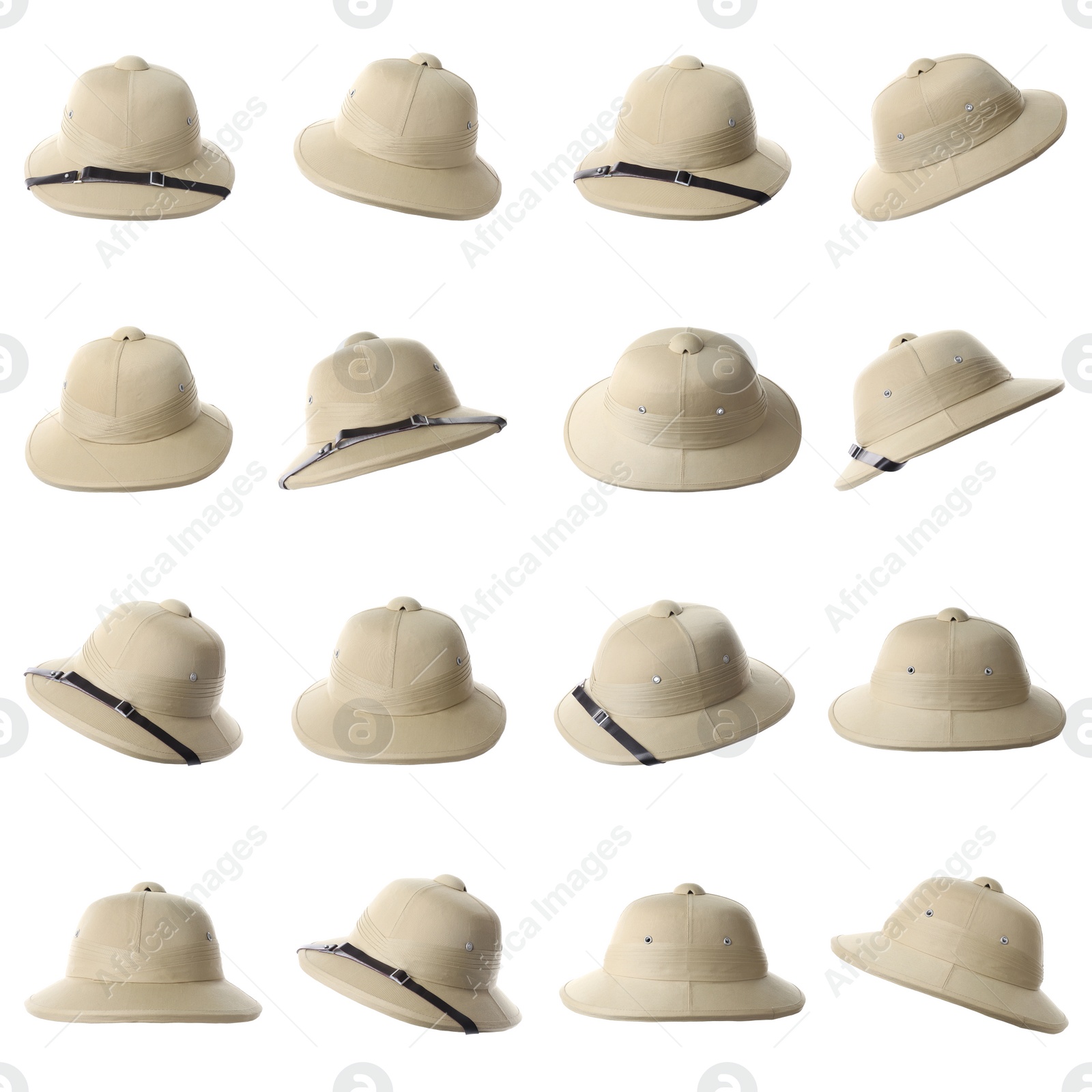 Image of Set with stylish safari hats on white background. Trendy headdress