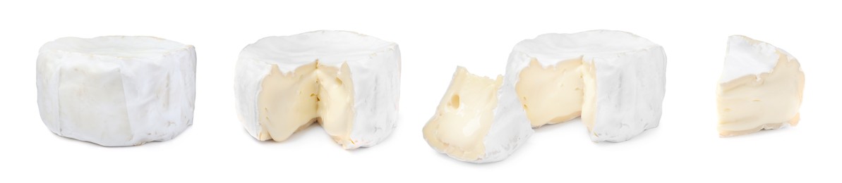 Image of Set with delicious camambert cheese on white background. Banner design