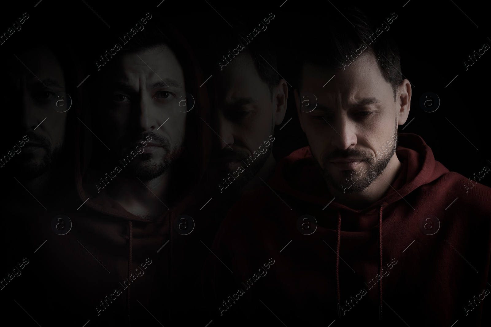 Image of Man suffering from mental illness on black background. Dissociative identity disorder