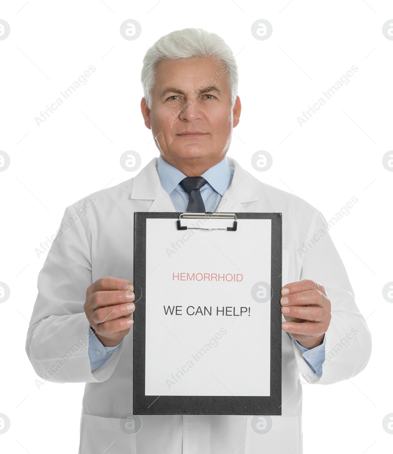 Photo of Doctor holding clipboard with words HEMORRHOID WE CAN HELP on white background