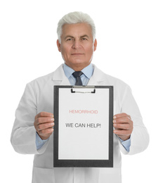 Doctor holding clipboard with words HEMORRHOID WE CAN HELP on white background