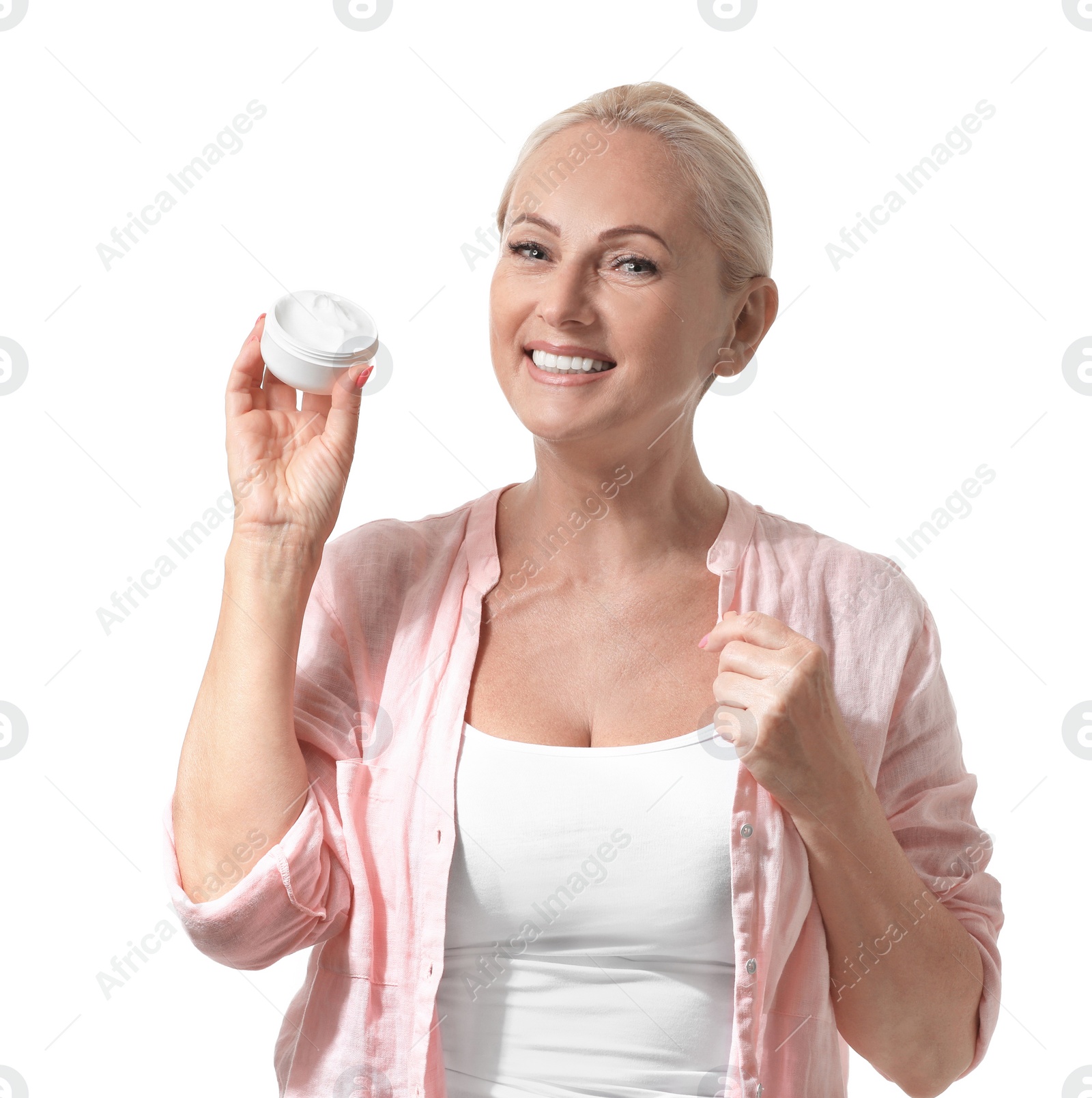 Photo of Portrait of beautiful mature woman with perfect skin holding jar of cream on white background