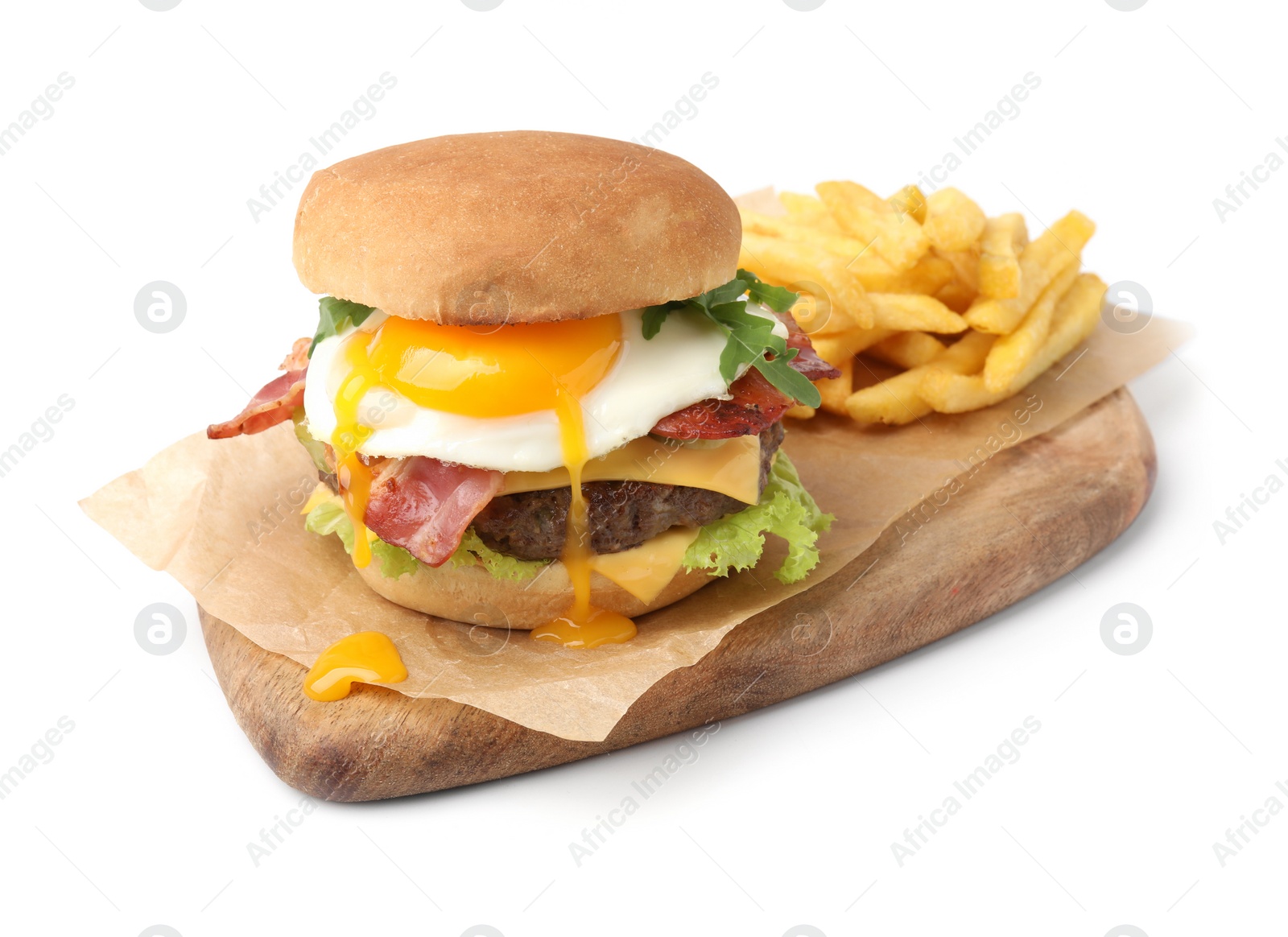 Photo of Delicious burger with fried egg and french fries isolated on white