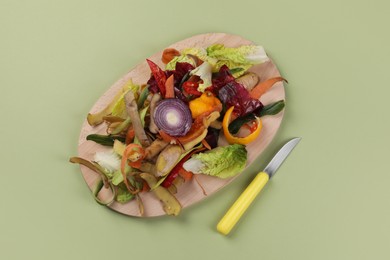 Peels of fresh vegetables and knife on light green background, flat lay