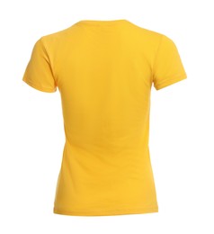 Stylish yellow women's t-shirt isolated on white. Mockup for design