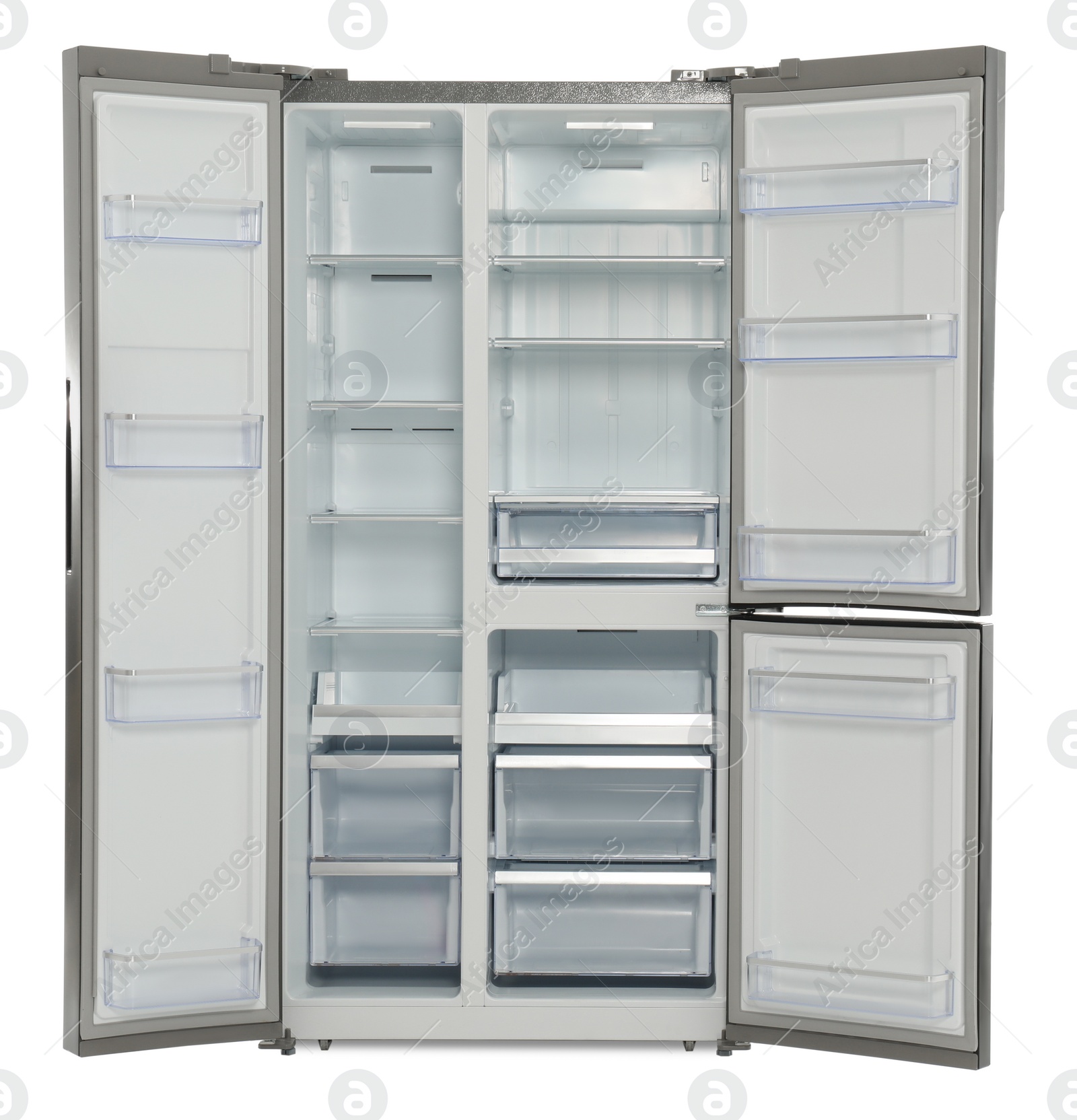 Photo of Empty stainless steel refrigerator isolated on white