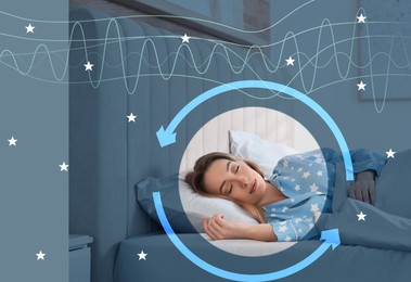 Image of Young woman sleeping in comfortable bed at home. Healthy circadian rhythm and sleep habits