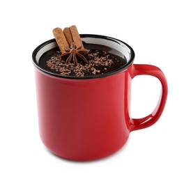 Photo of Yummy hot chocolate with cinnamon and anise in mug isolated on white