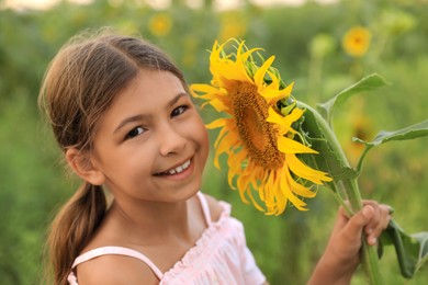 Photo of Cute little girl with blooming sunflower in field. Child spending time in nature