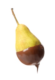 Tasty pear dipped into chocolate fondue on white background